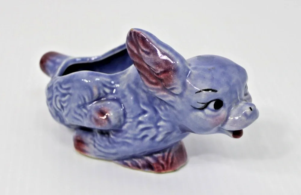 Vintage Shawnee Pottery Small Running Puppy Planter, Blue Dog, Kitschy!